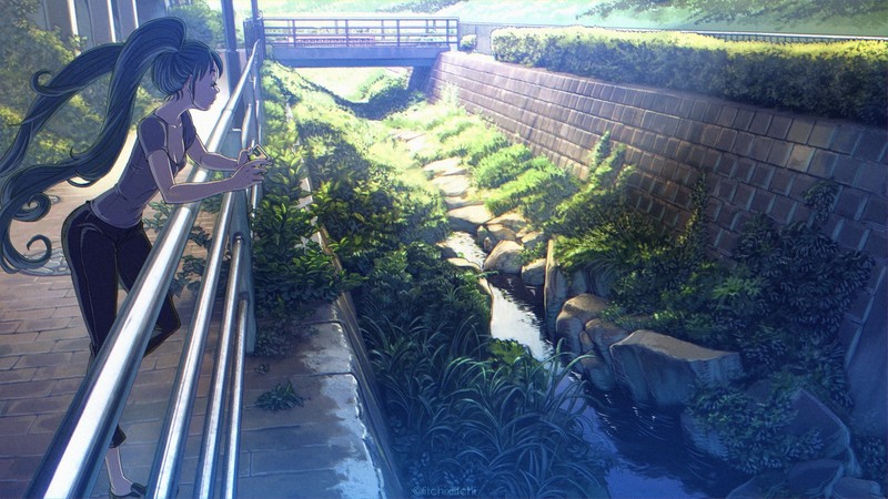 蓝发长发动漫少女 植物 桥梁 高清壁纸