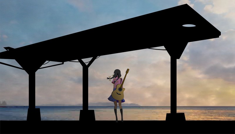 这份壁纸太适配《物语》系列了！黄昏下抱着吉他独享静谧的动画场景