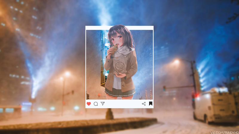 雪夜街头的动漫少女画中画壁纸
