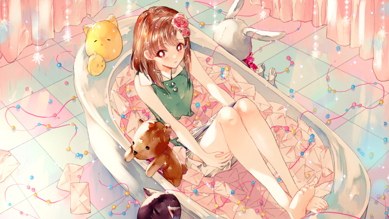 谁能拒绝浴缸里的动漫少女和软fufu的泰迪熊！