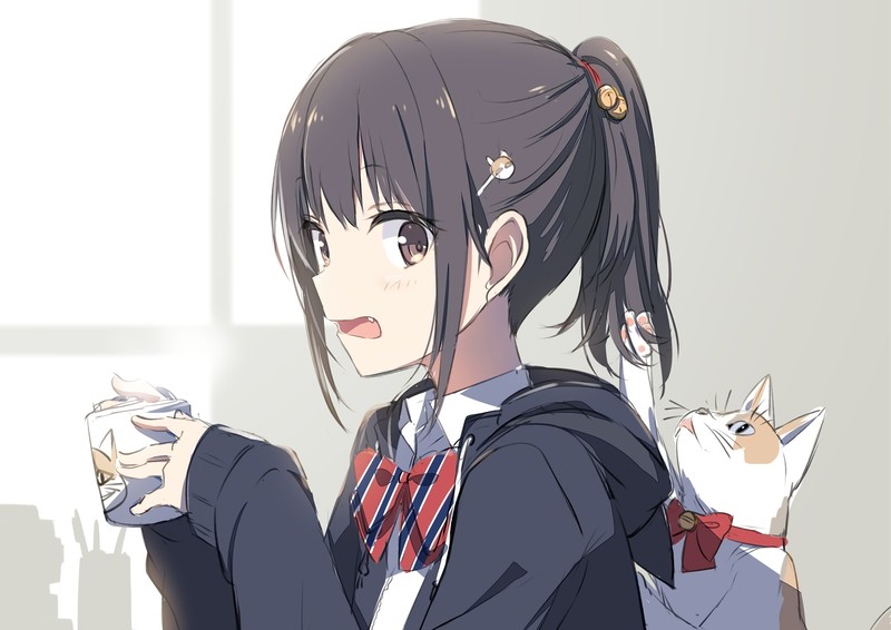 动漫黑发少女饮品高清壁纸