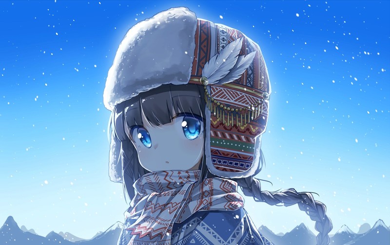 蓝眸少女与蓝天 戴帽动漫女孩高清壁纸