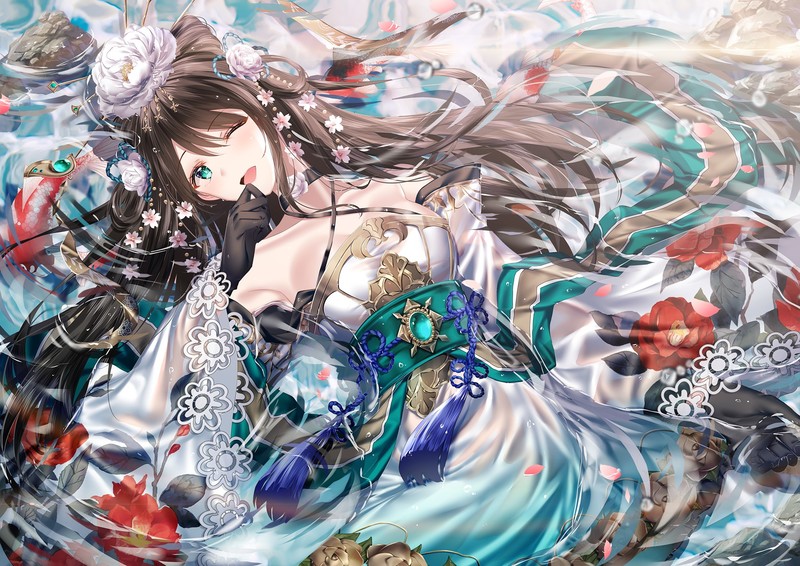 少女的水边眨眼瞬间！黑发和服少女动漫壁纸