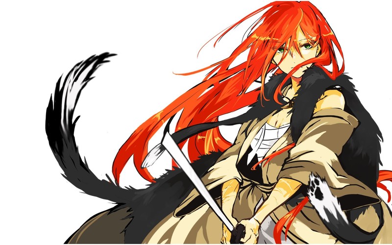 红发动漫少女配武士刀的纯白背景壁纸合集