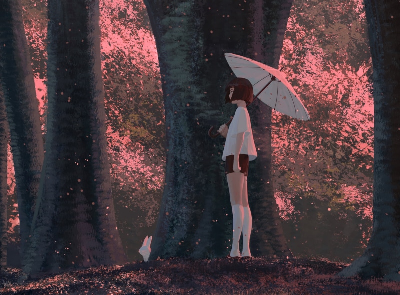 画师GUWEIZ笔下的短发棕发少女 林间撑伞邂逅软萌兔兔