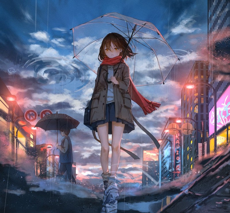 动漫少女雨天打伞逛城！连猫咪都被氛围感拿捏的高清壁纸合集