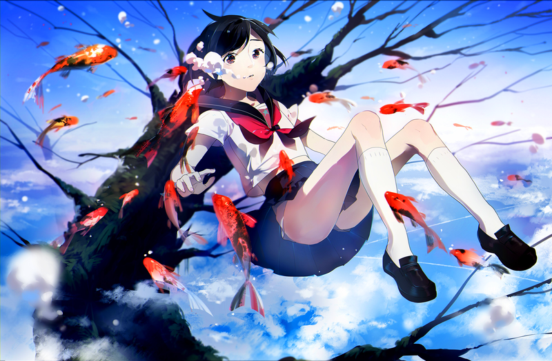 水手服少女与深海鱼的梦幻二次元壁纸