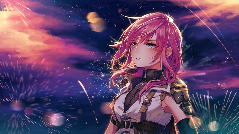 最终幻想13女主粉头发配烟花的绝美二创壁纸