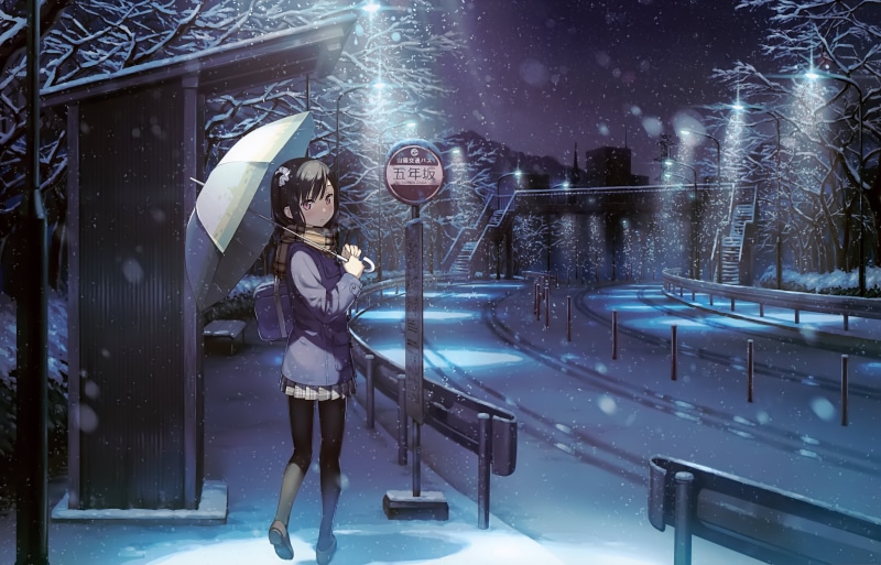 冬日雪夜公交站的短发少女壁纸