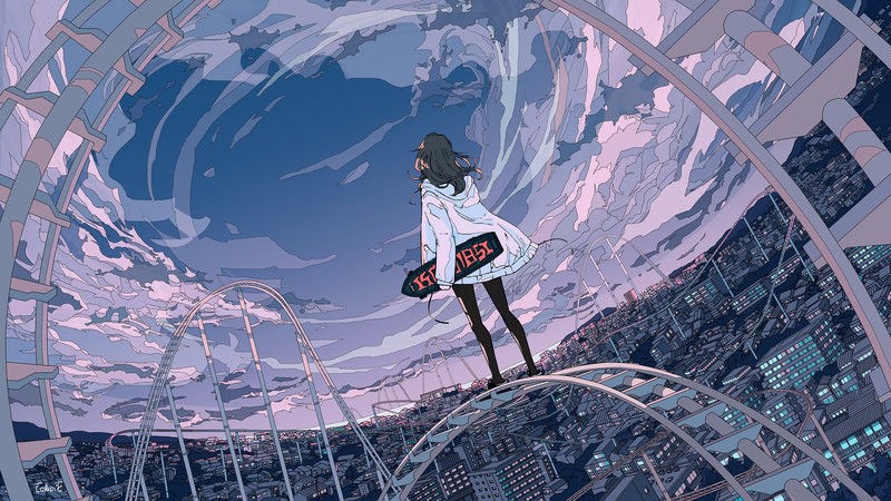 二次元少女都市风光壁纸