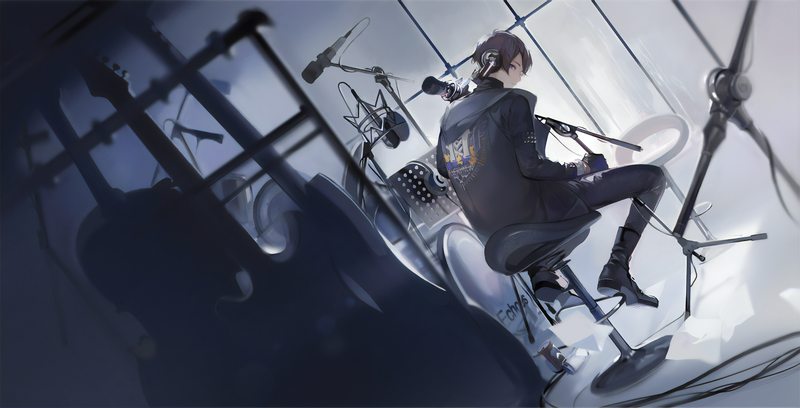 男生录音室动漫壁纸 带吉他耳机麦克风