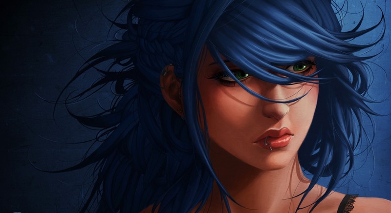 蓝发尖脸动漫少女高清壁纸 蓝背景绿眼