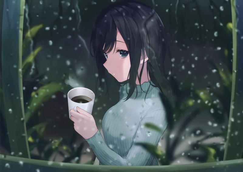 动漫少女 咖啡 毛衣 雨天 高清壁纸