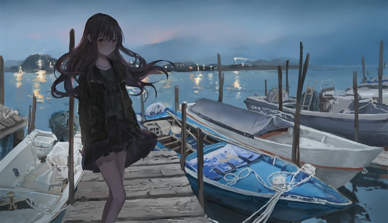 动漫少女与猫咪的湖畔码头壁纸
