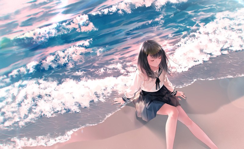 穿校服的动漫少女海边壁纸
