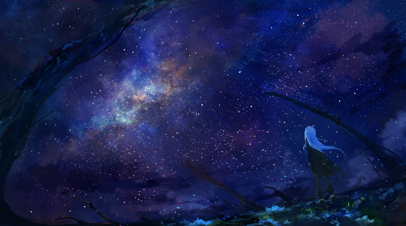 深夜星空下的二次元少女插画壁纸合集