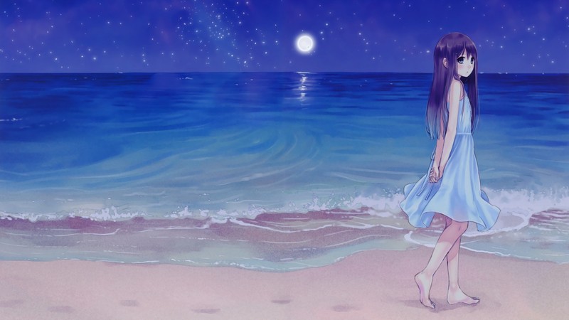 动漫少女海边逐月壁纸