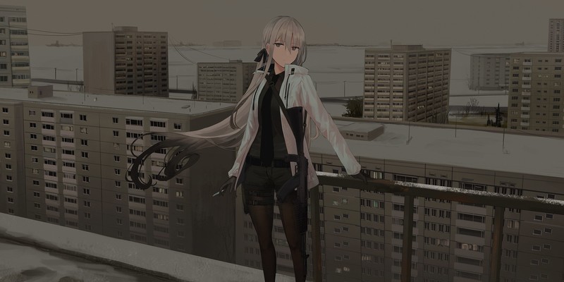 银发持枪少女的都市天台手绘壁纸