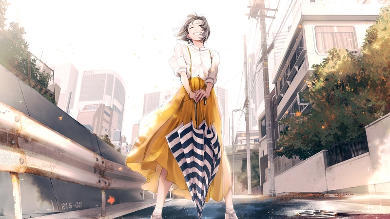 MAEDA MIC动漫少女 黄伞街道高清壁纸