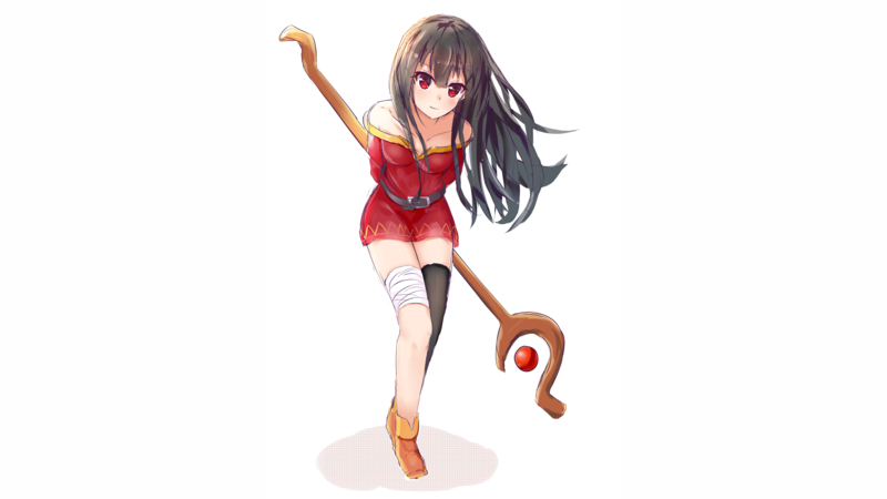 为美好的世界献上祝福！惠惠 黑发 纯白背景 动漫少女 动漫 简约背景 棕发 缺袜 高清壁纸