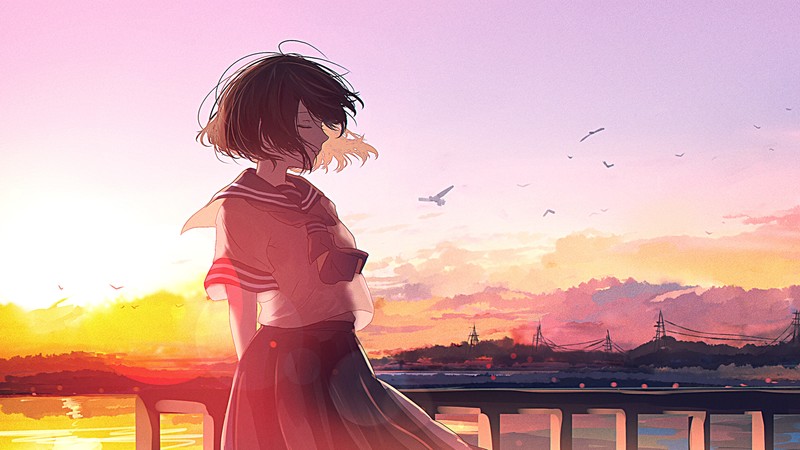 二次元少女黄昏校园制服壁纸