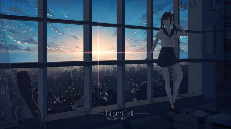 绝美动漫壁纸！晚霞天空下穿校服的少女们