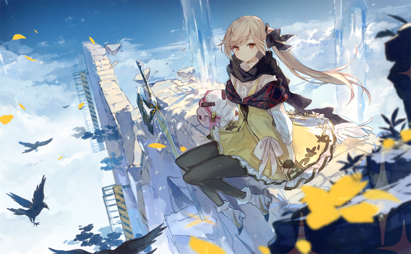 蹲坐二次元少女与飞鸟高清壁纸合集