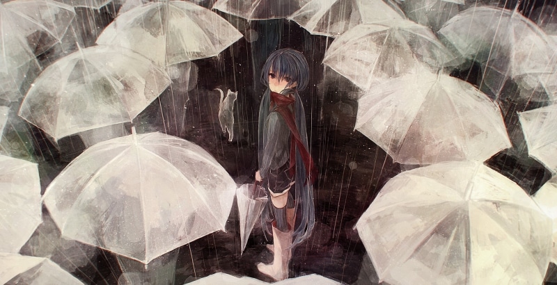 雨中人群里的猫耳少女与初音未来壁纸