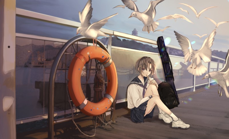 动漫壁纸分享：叼着烟的海鸥与穿校服的女学生