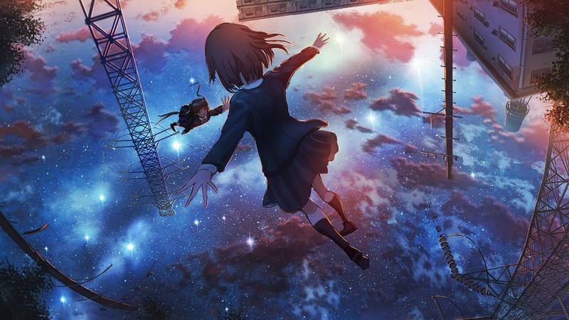 倒立夜空里的校服少女 飞在电线杆与楼宇间