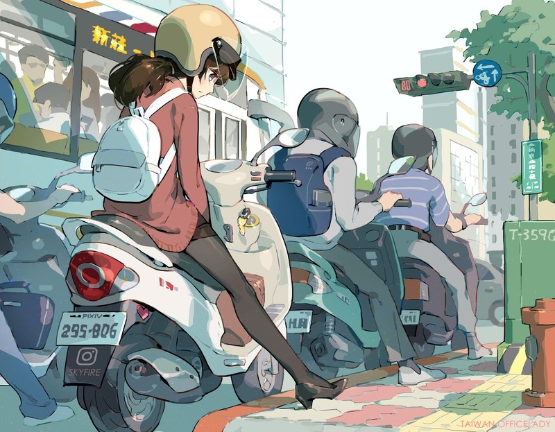 二次元少女数字艺术壁纸 摩托滑板车高清美图