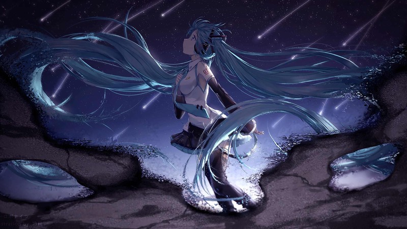 初音未来高清壁纸：蓝长发少女与星辰