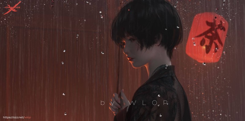 WLOP笔下的伞下少女雨夜绘卷 高清壁纸