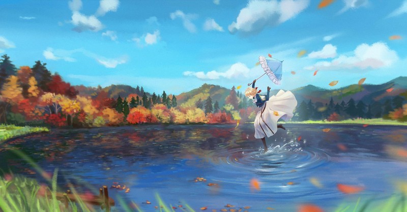 紫罗兰永恒花园高清壁纸：少女与伞的秋日自然之景