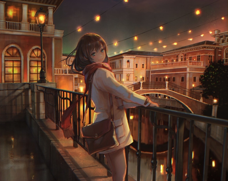 绝美的夜景阳台动漫少女壁纸