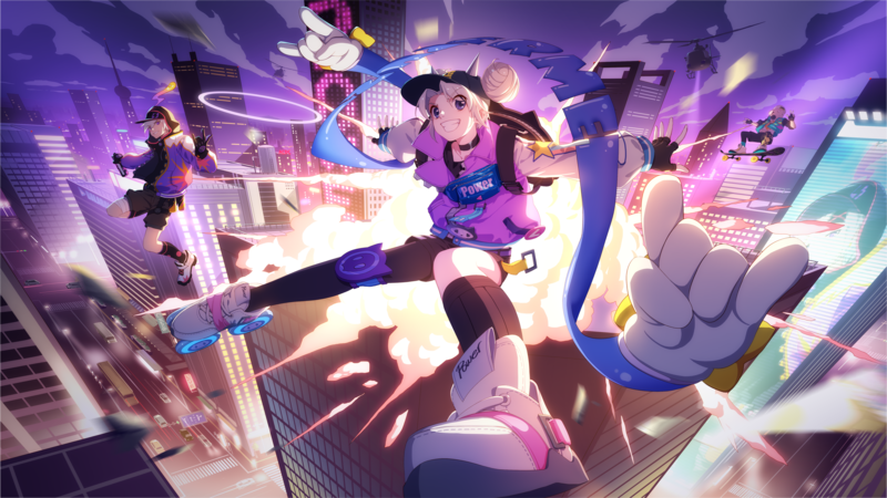 深夜科幻都市里的银发少年少女 滑板棒球帽下的笑与爆炸艺术