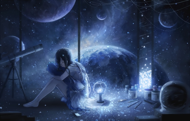 长发黑发动漫少女的星空夜话壁纸