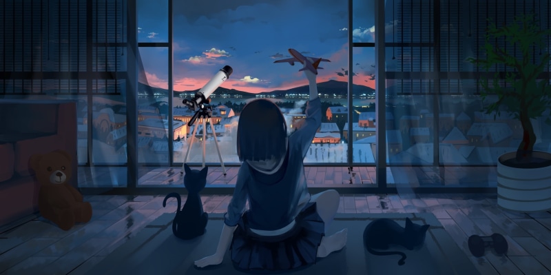绝美的动漫少女背影壁纸！猫咪、泰迪熊与城市星空太治愈了