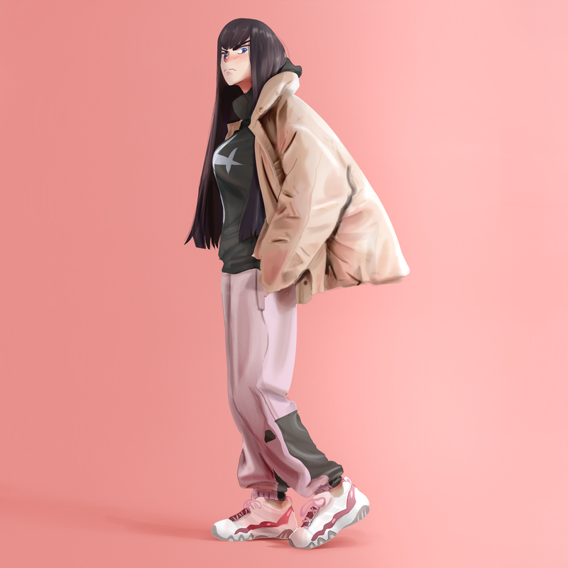 《斩服少女》同人壁纸合集 粉衣黑发少女脸红看向镜头