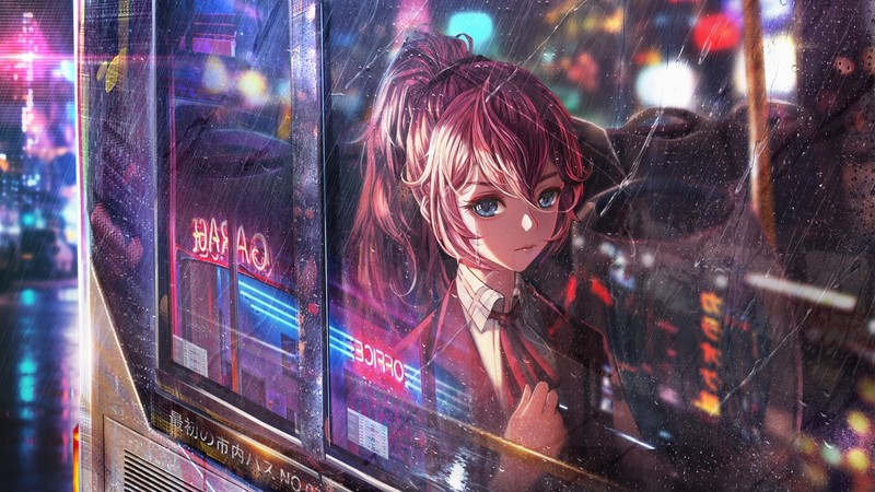 雨窗里的蓝眼少女与都市灯火插画壁纸