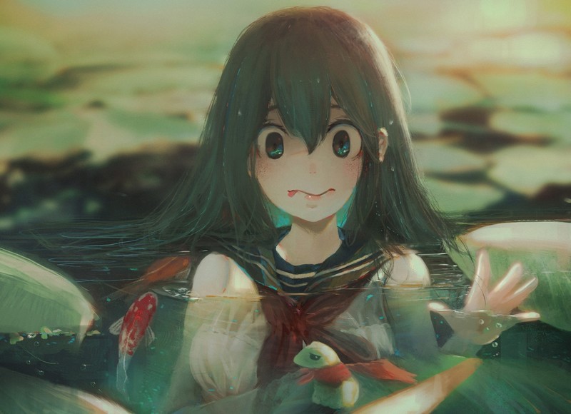 蛙泳少女水手服池塘锦鲤壁纸