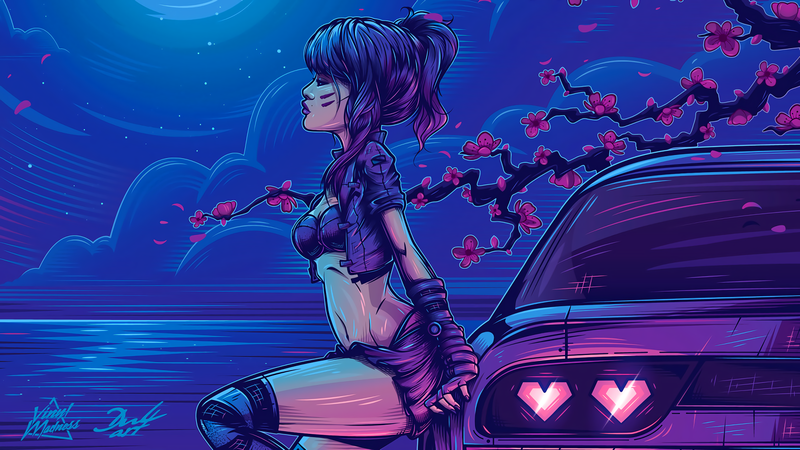 绝美日产跑车壁纸合集 浪漫花影搭配霓虹夜色