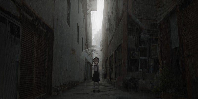 雨天都市里撑伞的二次元少女壁纸