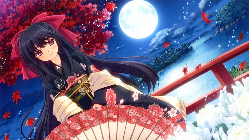 动漫主题壁纸 和风少女与月