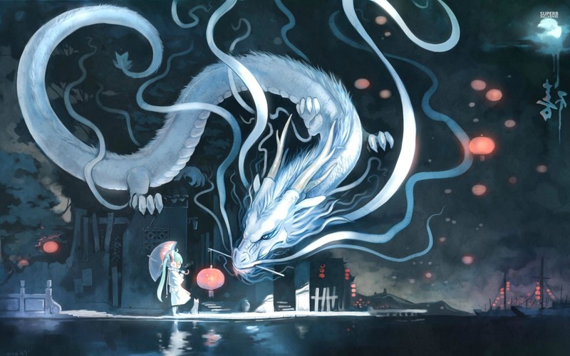 深夜撑伞的初音未来和梦幻巨龙