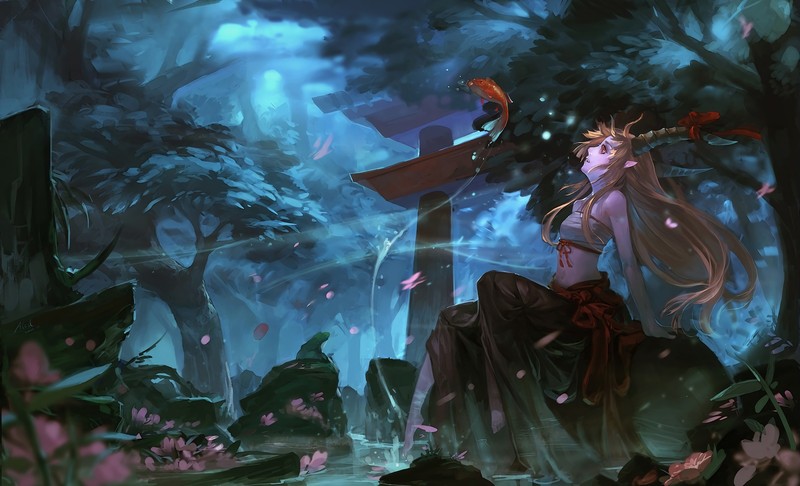 东方Project 伊吹萃香 夜池鱼怪娘 和风庭院幻想壁纸