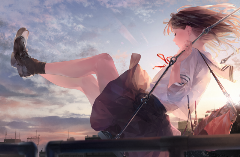 少女水手服夕阳秋千壁纸