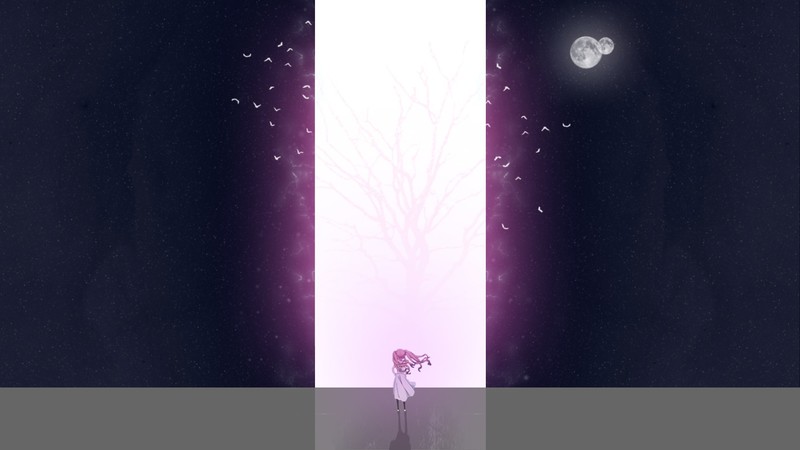 动漫风太空壁纸 粉发双马尾少女穿白裙配明月