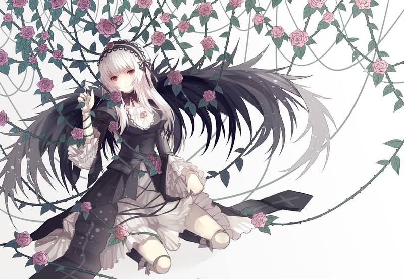 蔷薇少女绝美壁纸合集 跪姿少女带翅膀花丛场景