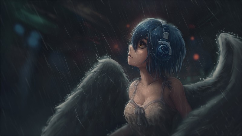 雨天蓝发翼娘耳机壁纸